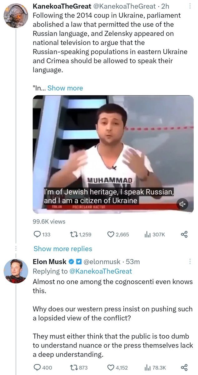 This incredibly deceptive, Musk could have spent 30 seconds on Wikipedia to learn that. The 2012 law 'repealed' by Parliament didn't 'allow Russian', it let schools, courts and governments to use it INSTEAD of Ukrainian. Also, the then President vetoed the repeal!