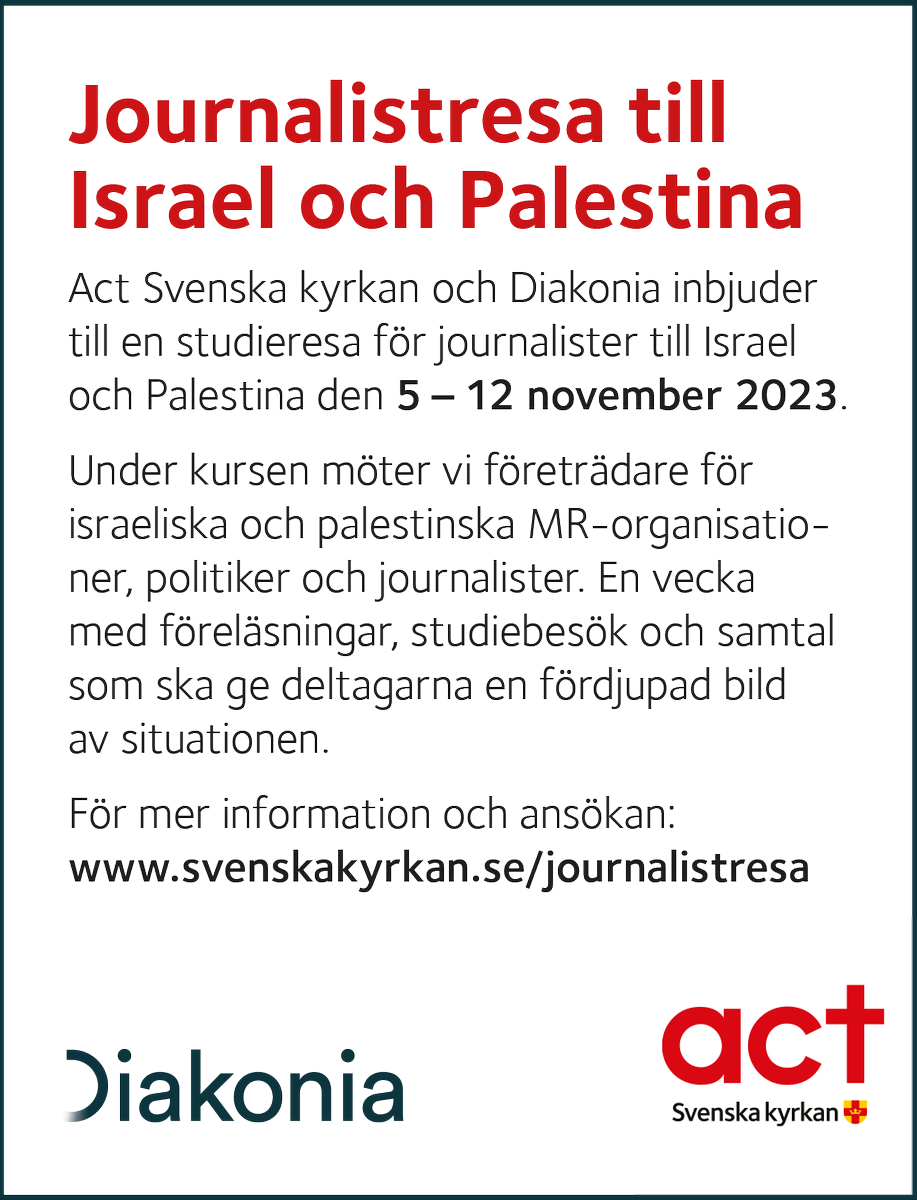 Är du journalist och vill lära dig mer om situationen i Israel och Palestina. I november ordnar vi tillsammans med 
<a href="/DiakoniaSverige/">Diakonia</a> en studieresa för journalister. Ansök nu!
svenskakyrkan.se/journalistresa