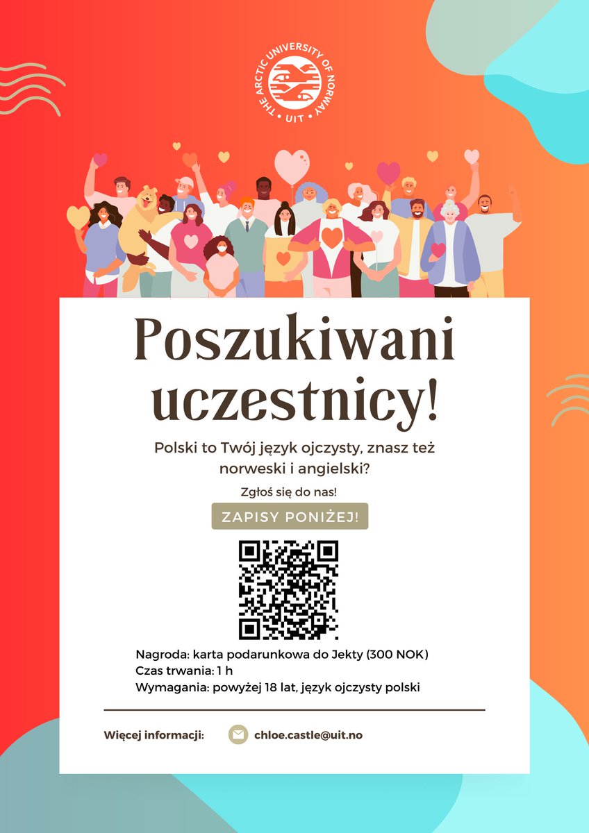 ADIM Team - Linguists at work! (@adimlinguists) on Twitter photo Are you a native Tromsø dialect speaker? Or do you speak Polish as your first language, and also speak Norwegian and English, living in Tromsø? We would love to hear from you!
If you are interested in signing up, please use the QR codes below! <a href="/UiTNorgesarktis/">UiT Norges arktiske universitet</a> <a href="/AcqVA_Aurora/">AcqVA_Aurora</a> Are you a native Tromsø dialect speaker? Or do you speak Polish as your first language, and also speak Norwegian and English, living in Tromsø? We would love to hear from you!
If you are interested in signing up, please use the QR codes below! <a href="/UiTNorgesarktis/">UiT Norges arktiske universitet</a> <a href="/AcqVA_Aurora/">AcqVA_Aurora</a>