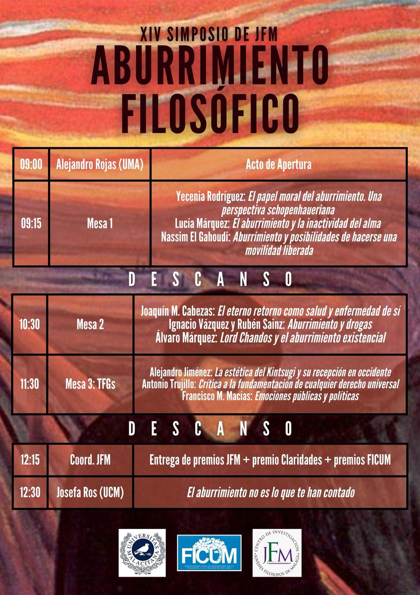 Este 17 de abril, en el Salón de Actos de la F. de Turismo desde las 9h, estaremos en el XIV Simposio de JFM. 

Este año contamos con una invitada de honor llegada desde la UCM: <a href="/JosefaRosUCM/">Josefa Ros Velasco</a> investigadora en filosofía y especialista sobre el aburrimiento.

¡Animaos y difundid!
