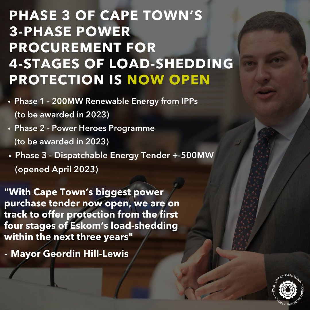 geordinhl's tweet photo. Cape Town's BIGGEST power purchase tender - of 500MW - is now open ⚡️💡🔋

I encourage the market to get your bids in and help us end load-shedding in Cape Town.

Only by ending load-shedding will we get our economy growing and get more people into work! Let's do this. https://t.co/yFwTFHhj01