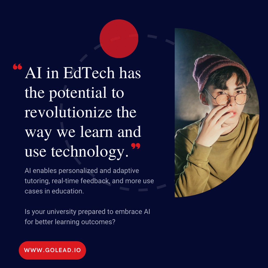 golead_io's tweet photo. 🤖 🎓 
AI in education is providing students with 
✅ Personalized learning experiences, 

✅ Automating repetitive tasks for educators, and 

✅ Providing instant feedback that helps students improve learning outcomes.

What do you think? 
#golead #AI #aiineducation #edtech https://t.co/sh7K7BGp1N