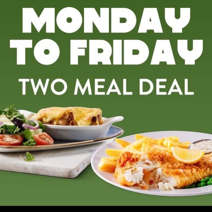 TWO MEAL DEAL

Two meals for £11.49
Available all day Monday to Friday.

#fishandchips #lasagna #maccheese #steakpie #chicken #favourites #pubclassics #lunch #foodie