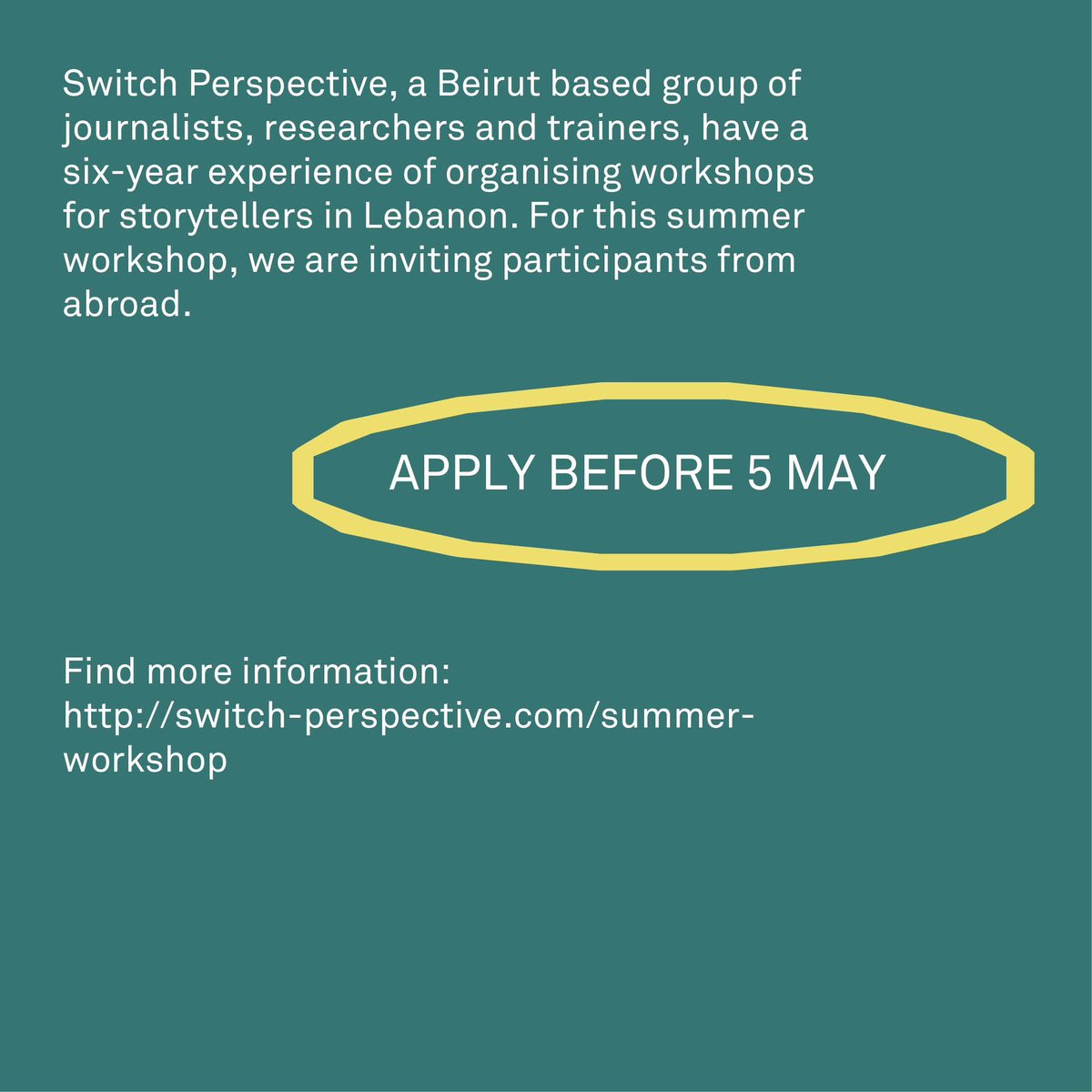 Our friends in Beirut, Switch Perspective, are organising a summer workshop in September. If you work on migration issues and want to exchange with people from Lebanon and the region, consider applying! Before May 5

switch-perspective.com/summer-worksho…
