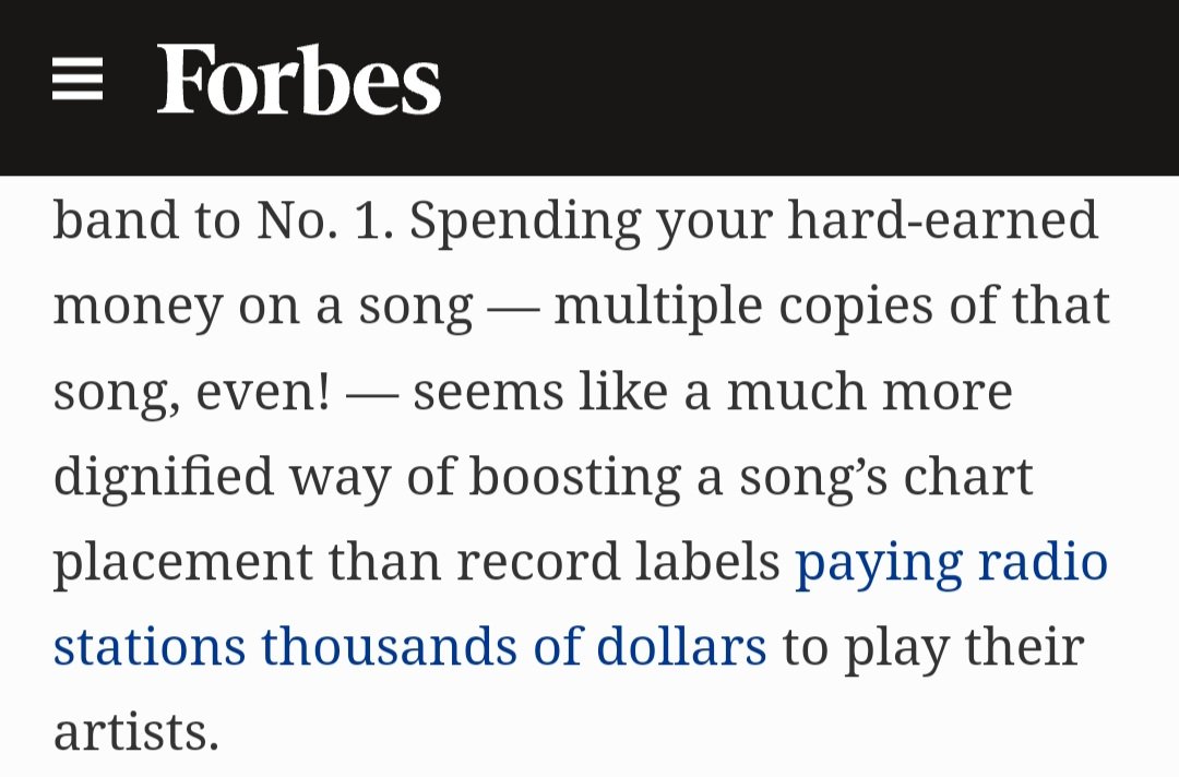 brendas_pjm's tweet image. Bringing this back from @BryanRolli:
"Spending your hard-earned money on a song — multiple copies of that song, even! — seems like a much more dignified way of boosting a song’s chart placement than record labels paying radio stations thousands of dollars to play their artists."