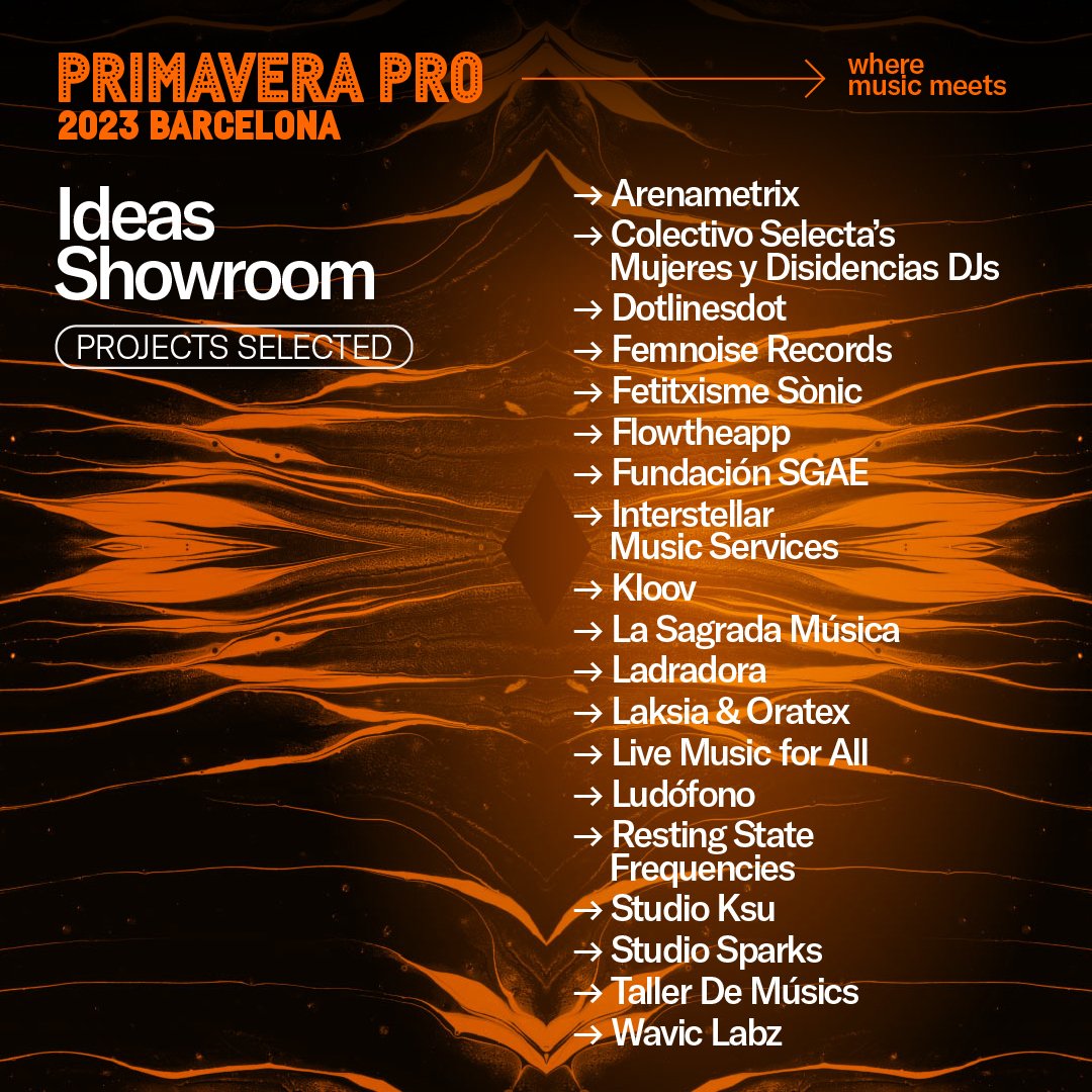 dotlinesdot | Acceleration platform for artists (@dotlinesdot) on Twitter photo Felices de estar seleccionados por <a href="/primaverapro/">Primavera Pro</a>, <a href="/Primavera_Sound/">Primavera Sound</a> y <a href="/catalanarts/">Catalan Arts</a> para esta edición del Ideas Showroom 2023. ¡Encuéntranos del 31 de mayo al 2 de junio y hablemos de innovación, futuro y conexión directa!
<a href="/BarcelonaBmth/">BMTH Barcelona</a> <a href="/bmlab/">bm</a> Felices de estar seleccionados por <a href="/primaverapro/">Primavera Pro</a>, <a href="/Primavera_Sound/">Primavera Sound</a> y <a href="/catalanarts/">Catalan Arts</a> para esta edición del Ideas Showroom 2023. ¡Encuéntranos del 31 de mayo al 2 de junio y hablemos de innovación, futuro y conexión directa!
<a href="/BarcelonaBmth/">BMTH Barcelona</a> <a href="/bmlab/">bm</a>