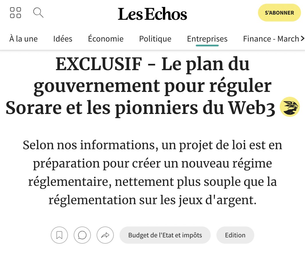 🗞️L'annonce récente que la France travaille à la mise en place d'un cadre réglementaire adapté à l'innovation apportée par le Web3 est une excellente nouvelle pour Sorare et, je pense, pour tout le secteur.

👣 C'est pour nous un très grand pas en avant : il permettra à la fois