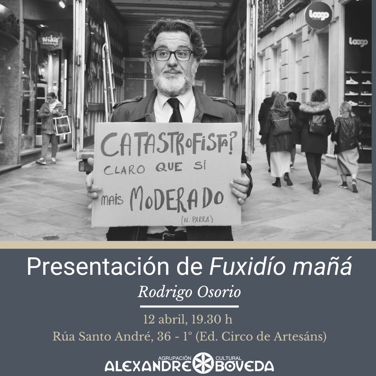 ACBoveda's tweet photo. Este mércores, día 12, ás 19.30 h, presentamos #FuxidíoMañá, de Rodrigo Osorio, un proxecto artístico que bebe das fontes do «conservadorismo revolucionario».
Acompañarán ao autor a xente de #Manchea, Laura Sánchez e Tono Galán para falar da súa imprenta tradicional. https://t.co/RWOpTu1zFn