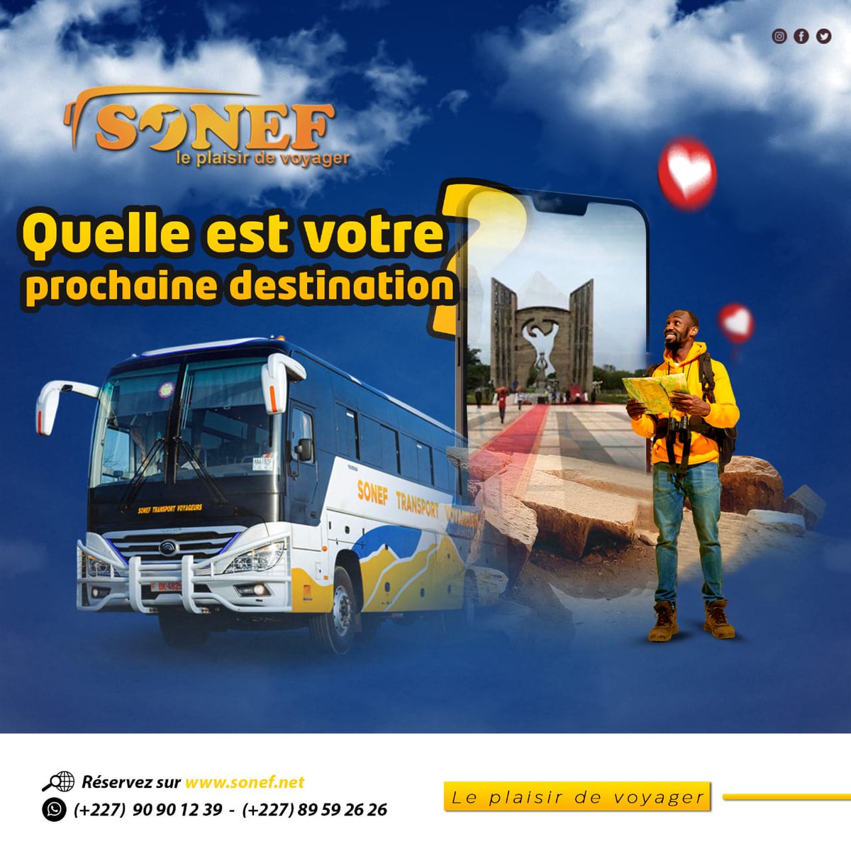 Choisissez et nous vous accompagnerons 🤩
Pour vos voyages en toute sécurité  et dans le confort 👇🏽
Choisissez Sonef Transport voyageurs.
Grâce aux équipements de nos bus flambants neufs 

Vous passerez de meilleurs moments tout au long de votre trajet.

Merveilleuse semaine 😊