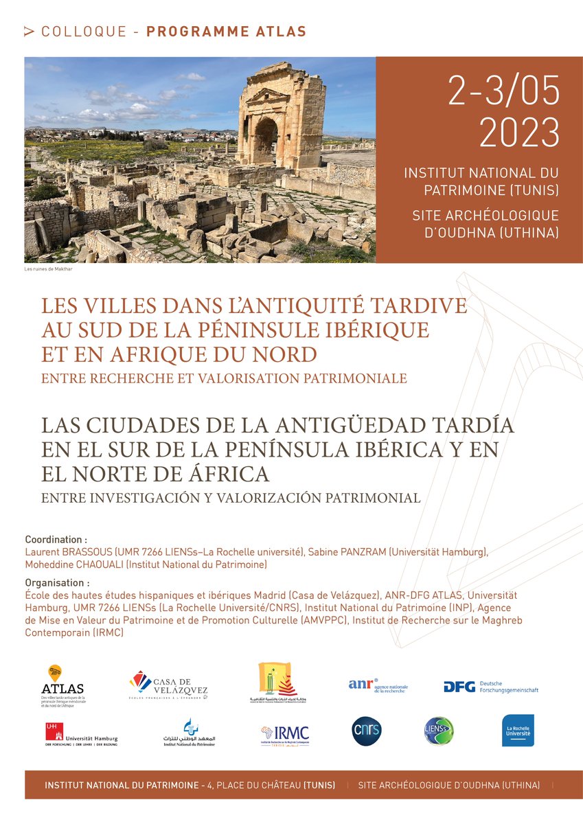In 3 weeks we have our next ATLAS #workshop in #Tunis 🇹🇳
2 days of presentations by our workgroups & invited scholars on #urbanism in #LateAntiquity in the #Maghreb & #IberianPeninsula. In addition we visit Uthina. Full programme via our website 👇
atlas-cities.com/wp-content/upl…