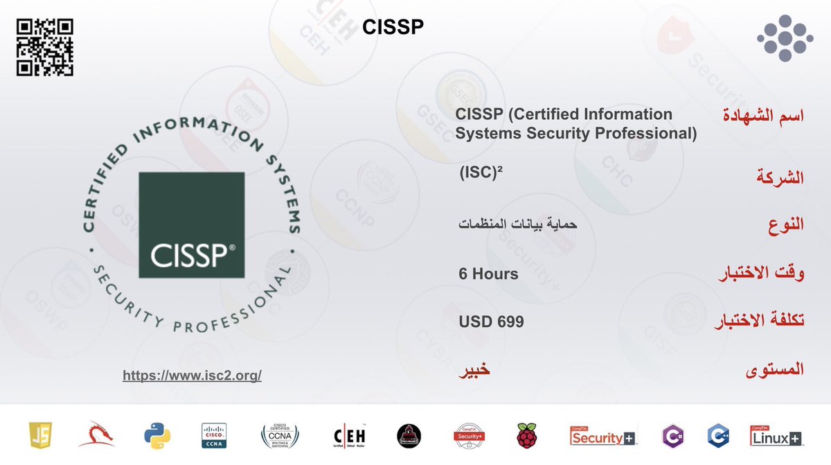 شهادة CISSP ( محترف أمن نظم المعلومات )
من أهم شهادات أمن المعلومات 

طبيعة الاختبار:
وقت الاختبار : 6 ساعات 
ويتكون من ( 250) سؤال
نمط الاختبار: 
-    اختيار الإجابة الصحيحة.
-    الاجابة على سيناريو.
-    السحب / الإدراج.
-    اختيار من صور.
💰 تكلفة الاختبار:  699$

مجالات