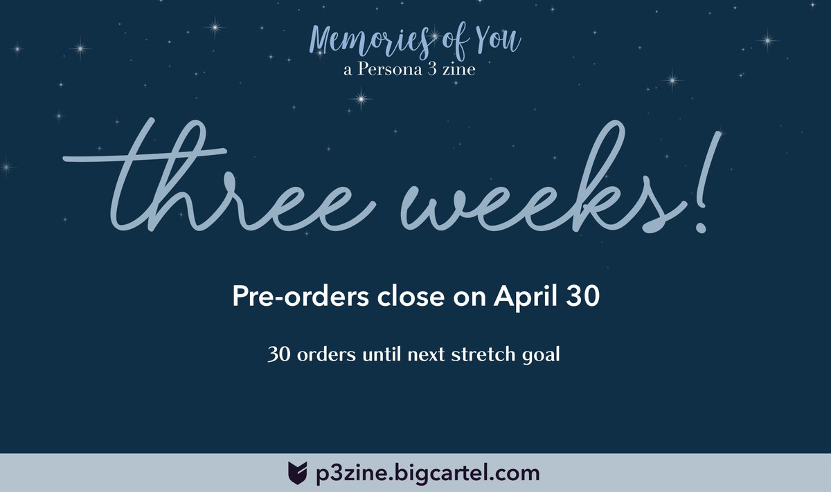 🌟 THREE WEEKS LEFT 🌟

Our pre-orders are ongoing for three more weeks! We're still about 30 orders away from our next stretch goal, so please spread the word and consider purchasing a bundle if you haven't already ⏳🌙