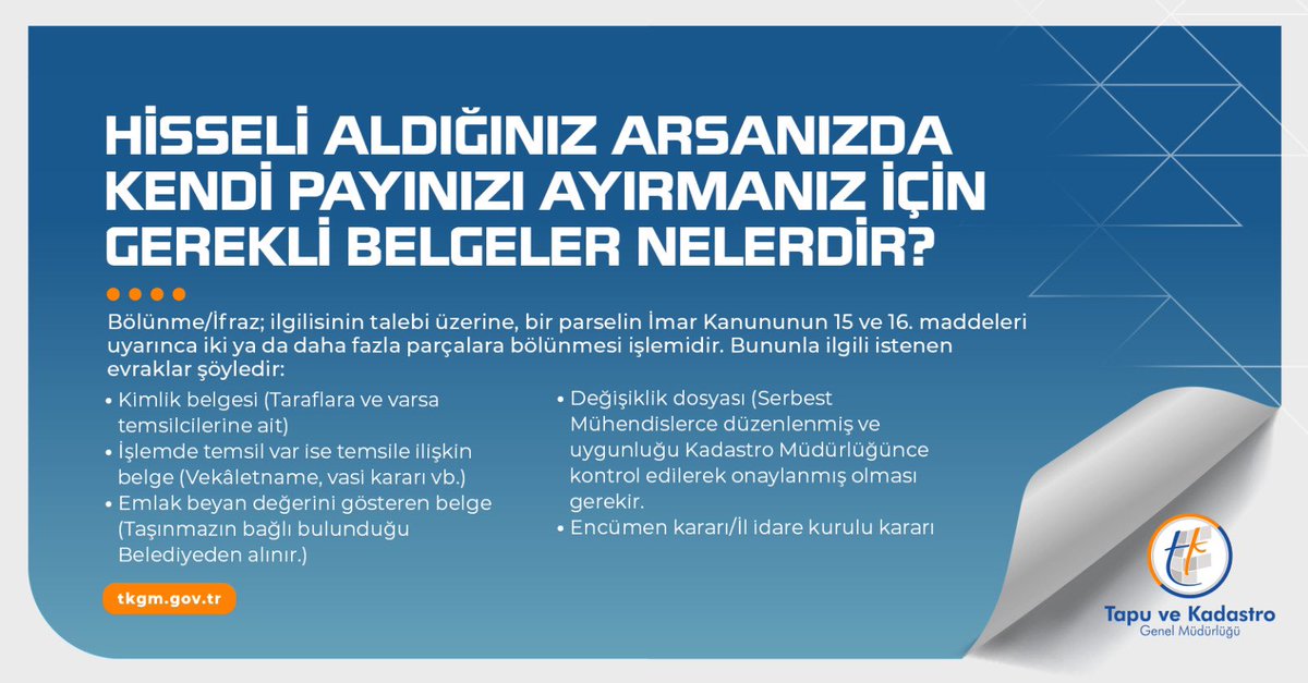 tkgmgovtr's tweet photo. #tkgm #tapu #kadastro #hisseli #arsa #pay #belge #bölünme #ifraz #evrak #kimlikbelgesi #vekaletname #emlakbeyandeğeri #encümenkararı https://t.co/eK6yCpbVD6