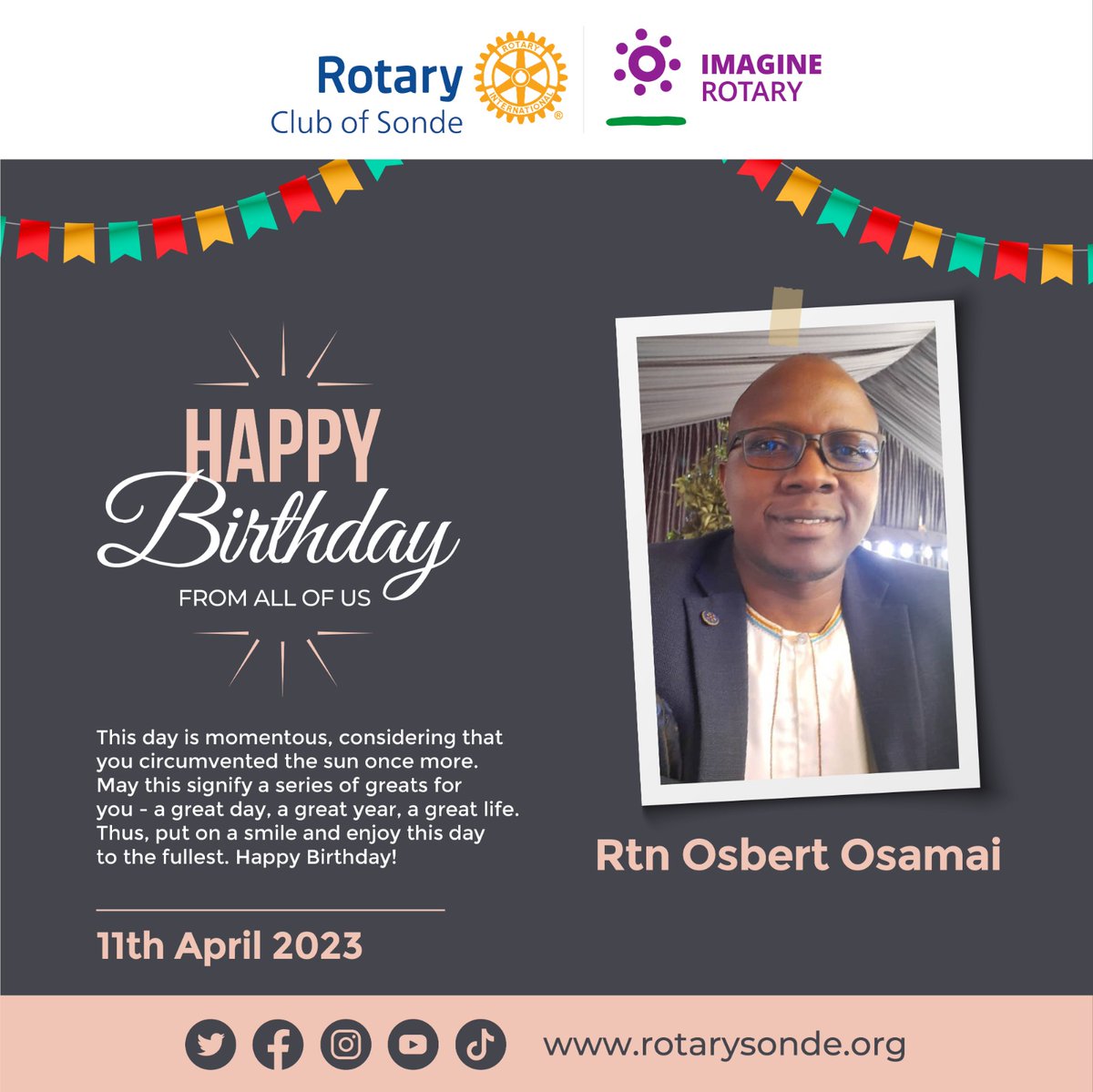 SondeRotary's tweet photo. Best wishes on your birthday Rtn. Osamai! The Sonde Models share their heart felt joy on the day of your birth. Yours is bounty. Yours is good health. Yours is success. Yours is plenty! Happy birthday! https://t.co/fgdXBwPNGq