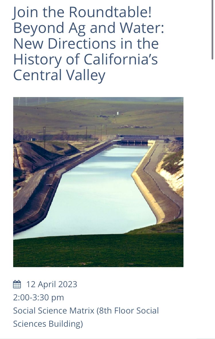 Isabel Peñaranda Currie (@ipenarandac) on Twitter photo Join us for the roundtable "Beyond Ag and Water: New Directions in the History of California’s Central Valley" made possible by <a href="/gmsberkeley/">Global Metropolitan Studies, UC Berkeley</a> - this Wed (4/12)
💪Research by scholars of and from the CV about religion, race, gender, finance, and policing
metrostudies.berkeley.edu/events/join-ro… Join us for the roundtable "Beyond Ag and Water: New Directions in the History of California’s Central Valley" made possible by <a href="/gmsberkeley/">Global Metropolitan Studies, UC Berkeley</a> - this Wed (4/12)
💪Research by scholars of and from the CV about religion, race, gender, finance, and policing
metrostudies.berkeley.edu/events/join-ro…