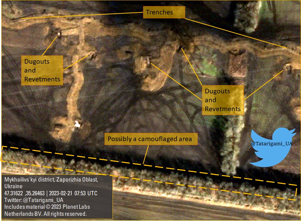 5/ The subsequent defensive line, positioned approximately 300-500 meters away from the dragon's teeth, is composed of conventional trenches, dugouts, and vehicle revetments, providing protective cover for armored vehicles positioned in "hull down" mode. 