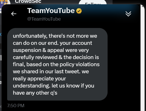 I guess that's it -- my 3rd channel is gone for good because I was found to be impersonating myself. It really feels great to have had all the facts reviewed so "carefully" and to have been treated so fairly by Google/Youtube....