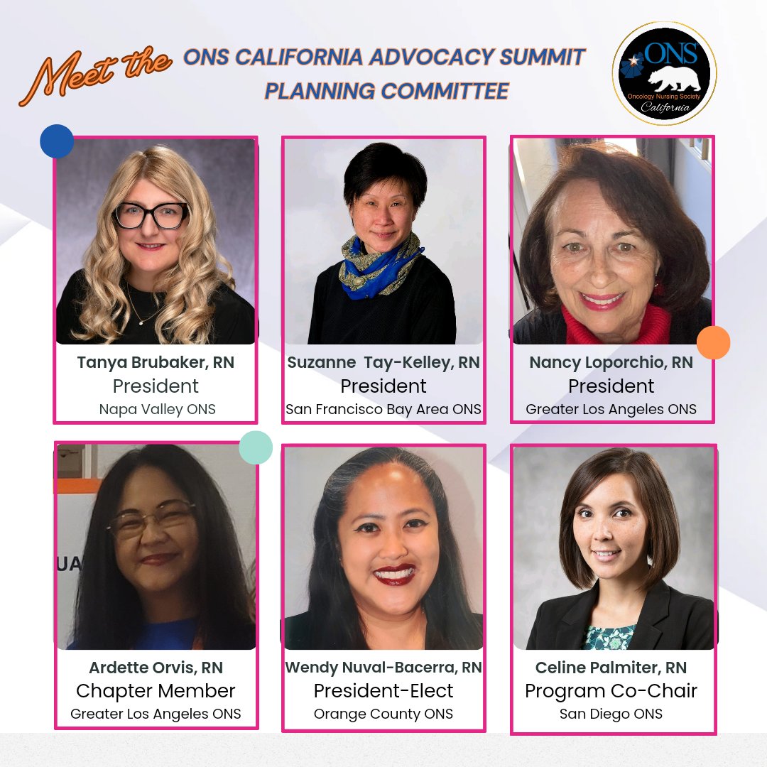 Meet some of the extraordinary  nurses behind the inaugural Oncology Nursing Society California Advocacy Summit. Our planning committee has representation from over a dozen California chapters, and we're so excited to bring you this event!
#oncologynurses #Advocacy #cancercare
