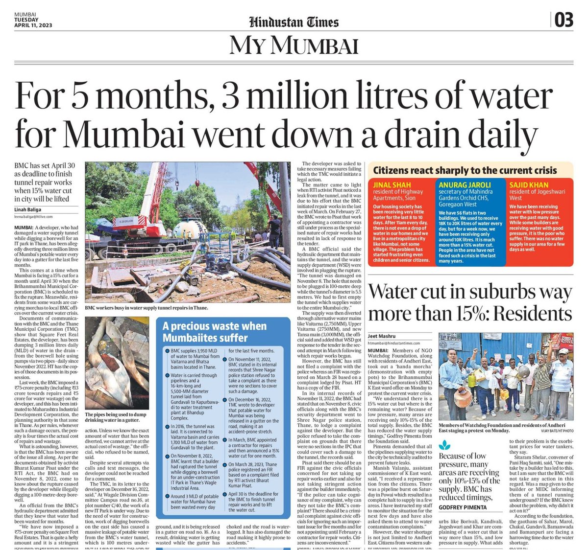 mashrujeet's tweet photo. #MumbaiWaterCrisis
For 5 months, 3 million litres of water for Mumbai went down a drain daily. 
----
The BMC knew about the tunnel damage since November, yet the repairs only started in April.

@writemeenal
@linahOlinah https://t.co/QwHeMYD5tm