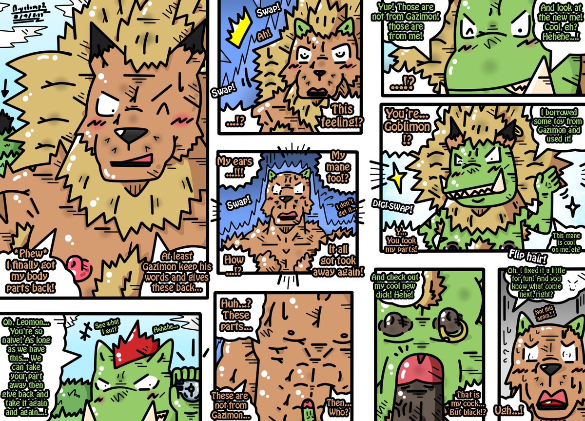 Baruto_kun2553's tweet photo. Commission for an anonymous user! 🙇♂️
A direct sequel from the comic last time where Gazimon took Leomon's body parts and toying with them but this time, Goblimon wanted his turn for this swapping body part thing too! Poor Leomon... 😈😱
#CommissionComic #FurryArt #BodyPartSwap https://t.co/agfx8E9Fcv