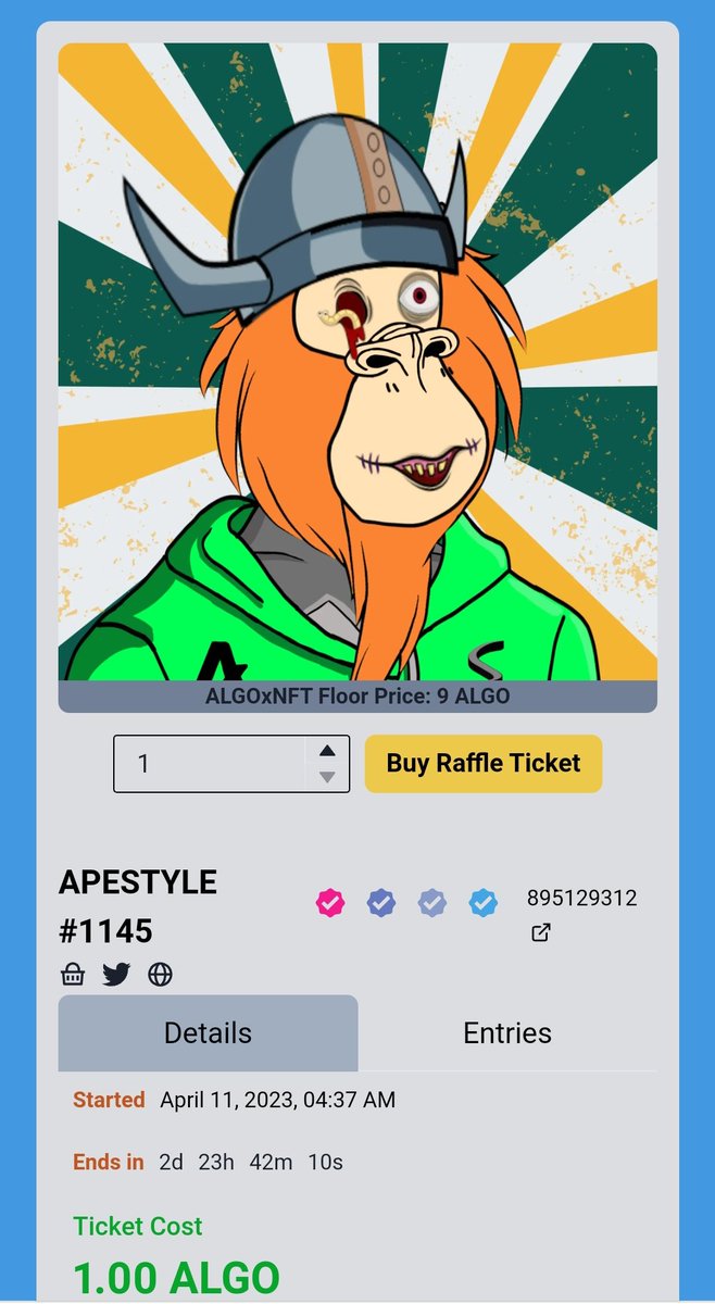 apestyle_algo's tweet photo. Raffle Start
https://t.co/QFrQtZkeMO
Price ticket 🎟️ 1 A
#NFTCommunity #NFTGiveaway #nftcollectors #AlgorandNFTs #nft https://t.co/63W8ZN9nvm