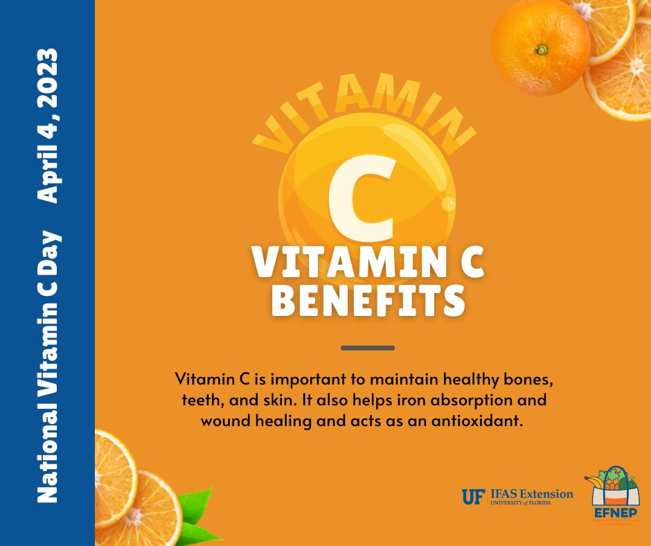 Vitamin C is important for maintaining healthy bones, teeth, and skin. It also helps iron absorption and wound healing and acts as an antioxidant. See how to include more vitamin C in your diet. ow.ly/YmJm50NpyBJ

 #foodsafety
#EFNEPWorks @UF_IFAS