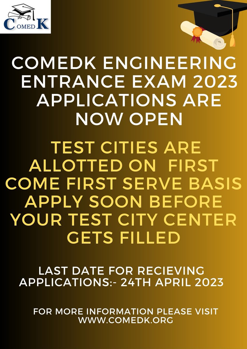 COMEDK_official's tweet photo. Register for the applications before the test cities centers are filled out!!
#karnatakacollege #BE #entranceexam #btech #engineering #admissionComedk https://t.co/Ns4ONZfKoi