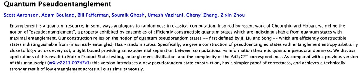 We just posted a brand new version of our paper on "Quantum Pseudoentanglement," with two new authors and many new results! 😀 

See scirate: scirate.com/arxiv/2211.007…

🧶 1/13

#QuantumComputing