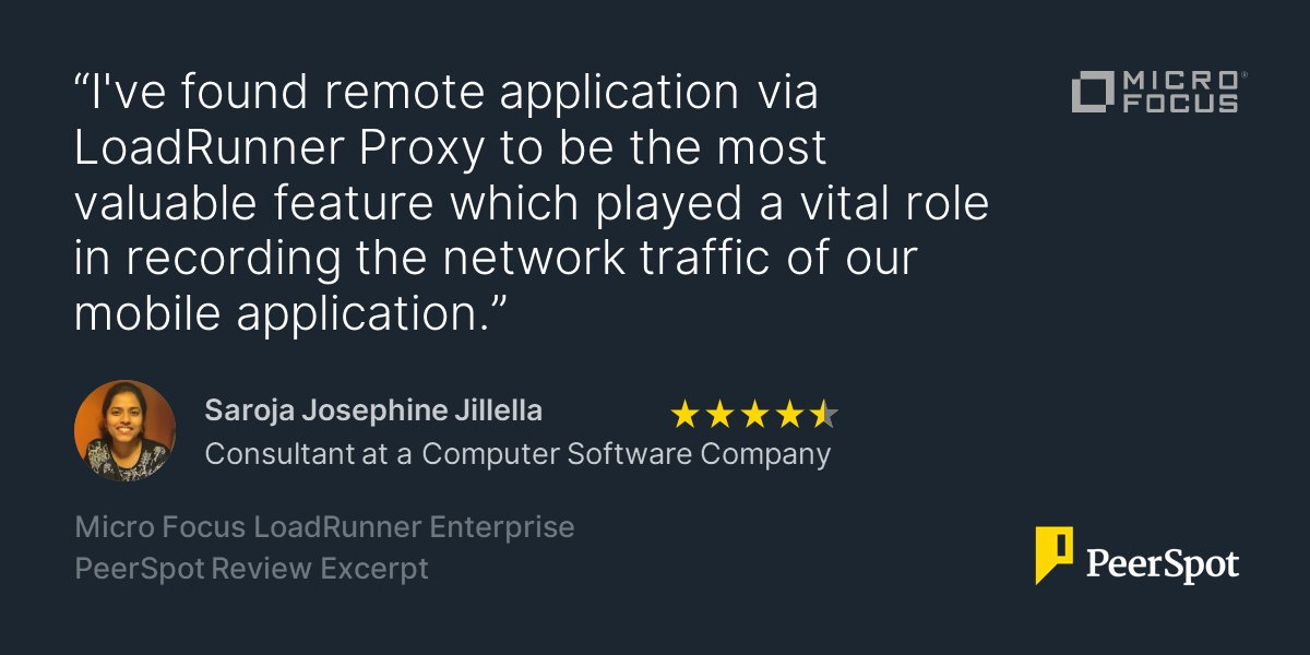 sanalnnair's tweet image. Consultant at a Computer Software Company gives @MicroFocus LoadRunner Enterprise 4.5★&apos;s in @PeerSpot&apos;s Performance Testing Tools category. #LoadRunner #PerformanceEngineering #MyCompany bit.ly/3ZWo8p5