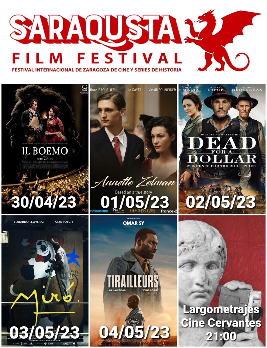 Tomad nota de los #largometrajes que se van a poder ver en el #SaraqustaFilmFestival todos los días a las 21:00 en el #CineCervantes.
Ya podéis sacar vuestra entrada individual o el bono completo del #Festival en saraqustafilmfestival.com 
#ESdB <a href="/Saraqusta_FF/">SaraqustaFilmFest</a> #FestivalDeCine #Cine
