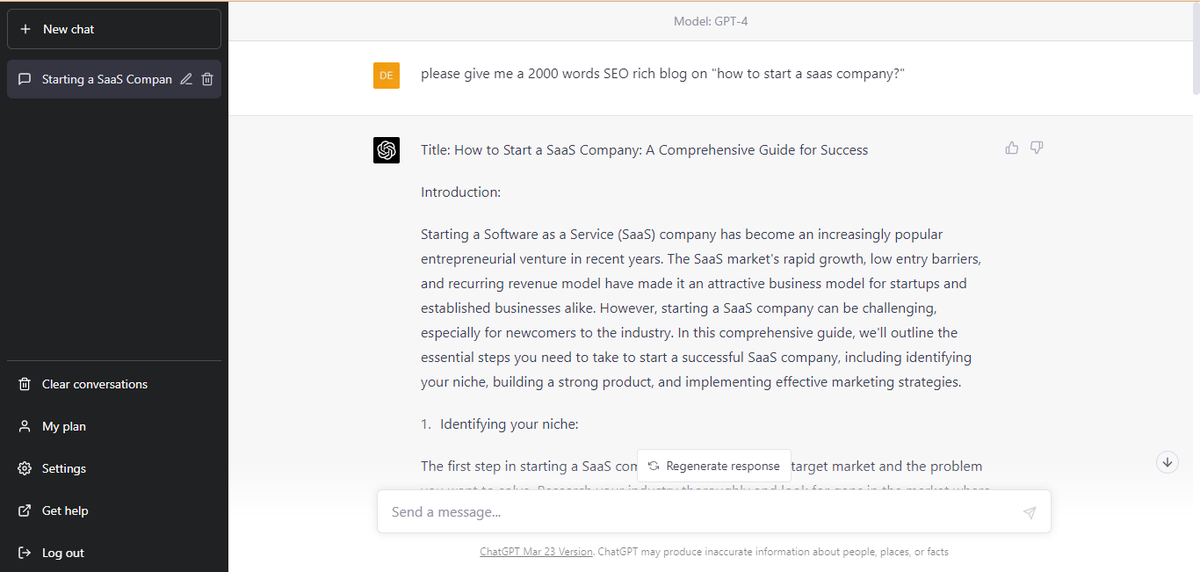 metricoid_tech's tweet photo. Today I was using ChatGPt Plus asked to write a 2000 words SEO rich blog on "how to start a SaaS company?" After the conclusion when I checked the total word count it was just 1200 words I guess even ChatGPT goes out of content 🤣🤣 #artificial_intelligence https://t.co/otd5DVcczQ