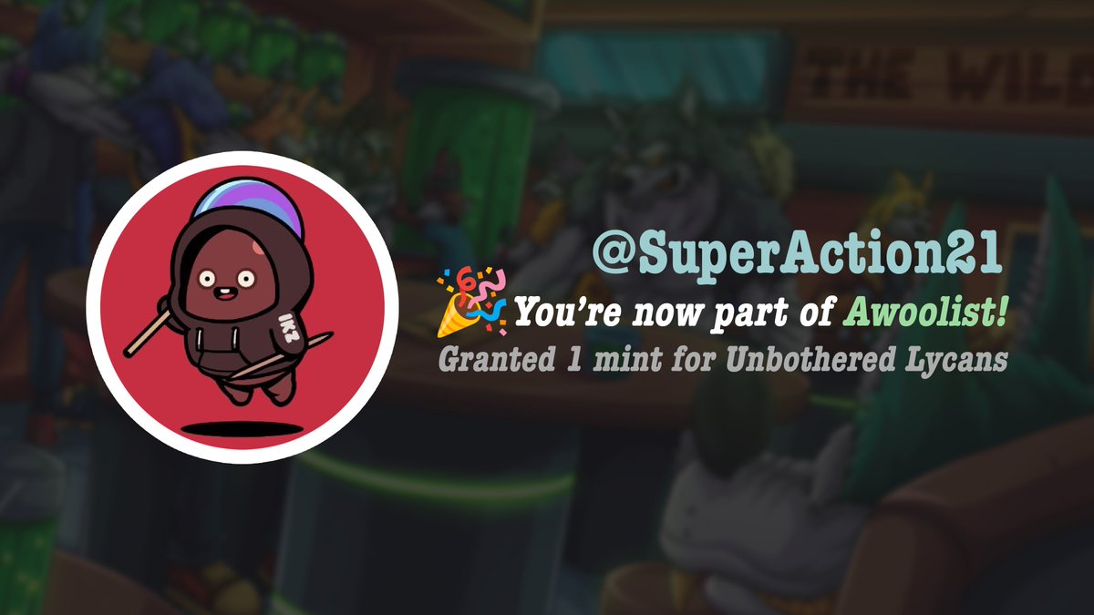 Congratulations <a href="/SuperAction21/">zetton.eth</a> 🎉

Your application to Awoolist has been accepted! We've assigned you the role on <a href="/UnbotherWolves/">Unbothered Wolves 🐺 MINTING NOW!</a> Discord (The Wilds). AWOOO! 🐺

#Cardano #NFT #CNFT #CNFTs #WolfPack