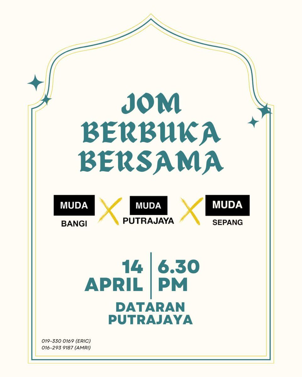 mudasepang's tweet photo. Assalamualaikum dan Salam Ramadhan,
bagi sesiapa yang berkelapangan pada jumaat ini, JOM BERBUKA BERSAMA tiga MUDA serangkai (@MUDAxBangi / @mudaputrajaya / @mudasepang ) di Dataran Putrajaya nanti. 🙌

Sambil kita bersuai kenal, sambil itu juga kita ber-pot luck. 

#mudasepang https://t.co/DAdNoASIxP