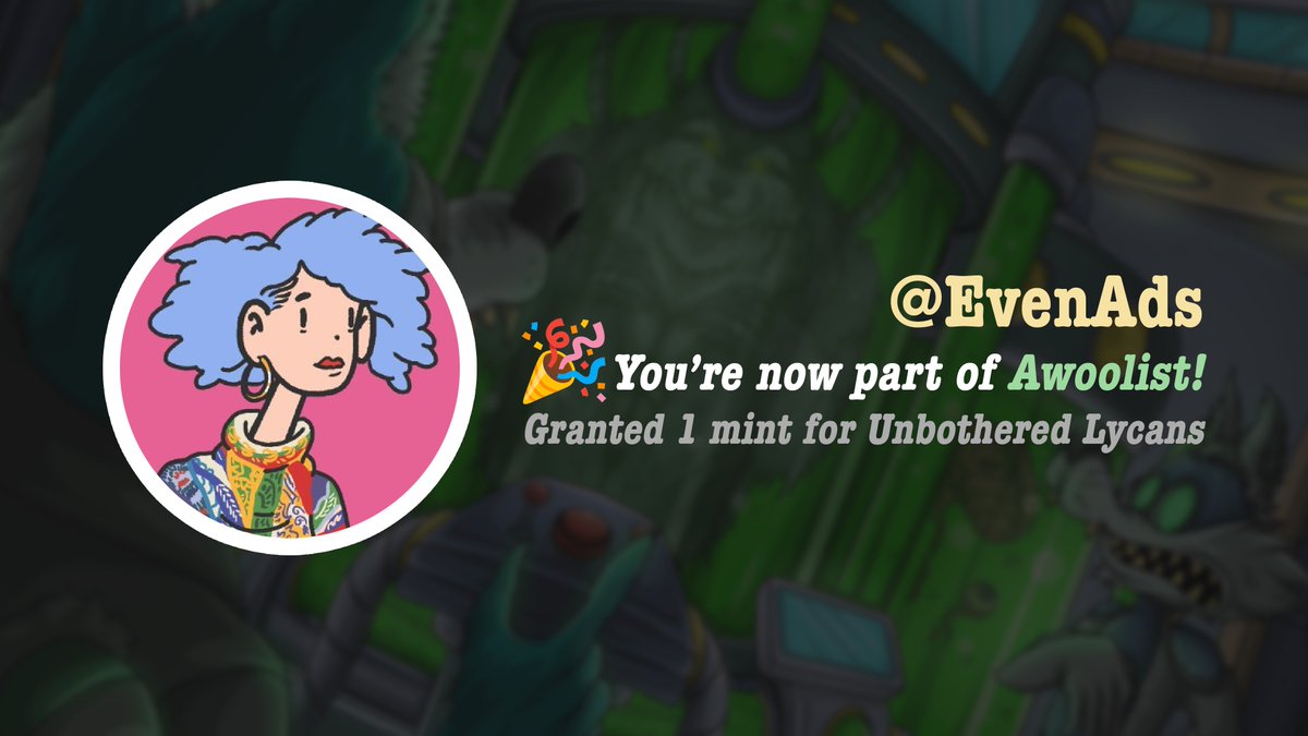 Congratulations <a href="/EvenAds/">Lily girl gamer</a> 🎉

Your application to Awoolist has been accepted! We've assigned you the role on <a href="/UnbotherWolves/">Unbothered Wolves 🐺 MINTING NOW!</a> Discord (The Wilds). AWOOO! 🐺

#Cardano #NFT #CNFT #CNFTs #WolfPack