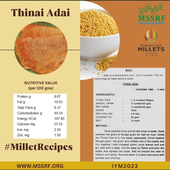 MilletsOfIndia's tweet photo. Besides having #FoxtailMillets made #Ambali #Porridge, find below a few #recipes for #Dosa, #Kheer , #Upma & #Thinai #Adai. Besides that one can make #Biryani, #Lemonrice , #Pulao #Khichdi #Pongal #Uttapam #Payasam and what all a #Chef can imagine! Let's consume more #millets https://t.co/DZbk77wb9f