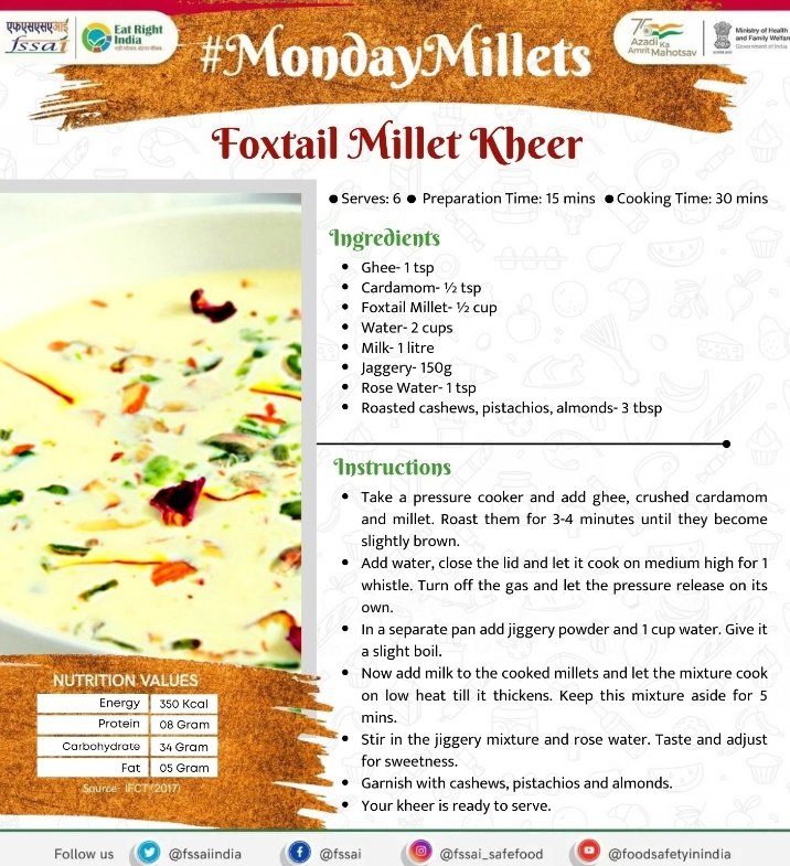 MilletsOfIndia's tweet photo. Besides having #FoxtailMillets made #Ambali #Porridge, find below a few #recipes for #Dosa, #Kheer , #Upma & #Thinai #Adai. Besides that one can make #Biryani, #Lemonrice , #Pulao #Khichdi #Pongal #Uttapam #Payasam and what all a #Chef can imagine! Let's consume more #millets https://t.co/DZbk77wb9f
