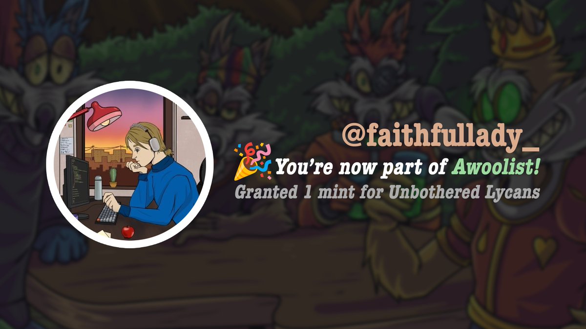 Congratulations <a href="/faithfullady_/">Emmanuella🪙🐍🐐$ANON</a> 🎉

Your application to Awoolist has been accepted! We've assigned you the role on <a href="/UnbotherWolves/">Unbothered Wolves 🐺 MINTING NOW!</a> Discord (The Wilds). AWOOO! 🐺

#Cardano #NFT #CNFT #CNFTs #WolfPack