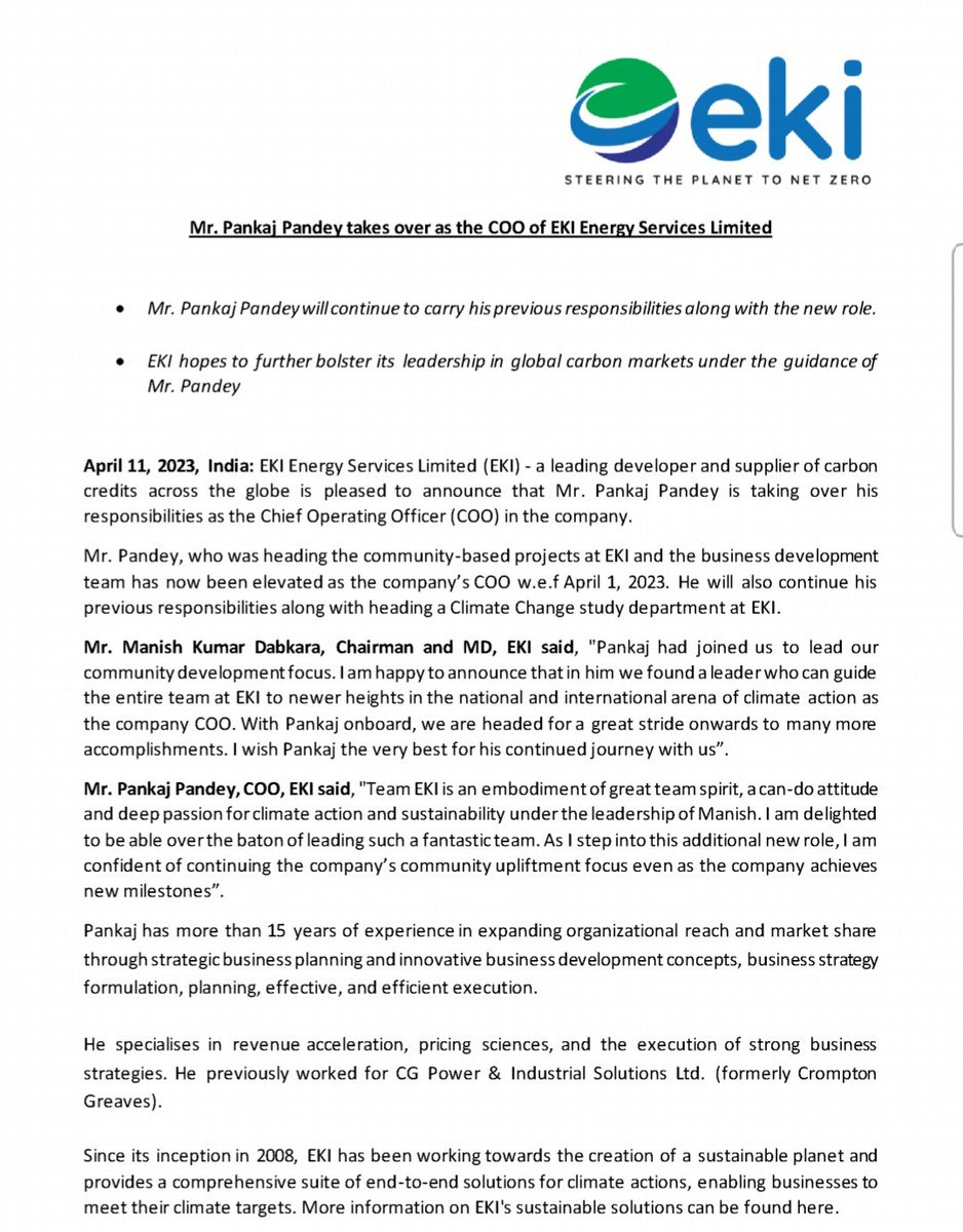 EKI Energy Services Limited appointed Mr. Pankaj Pandey as the Chief Operating Officer ('COO') of the Company.

#EKIEnergyServices #EKIESL #appoints #MrPankajPandey #ChiefOperatingOfficer #COO