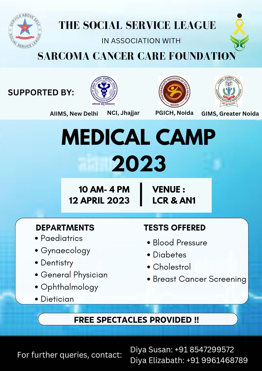 SSL_StStephens's tweet photo. SSL and @CareSarcoma are collaborating to provide free healthcare to 250+ Non-teaching staff of St.Stephen's College and their families on 12-04-2023.  @aiims_newdelhi @ssphpgti @GimsNoida @CafeSSC #SocialService #NonTeachingStaff #Aarohan #FreeMedicalCamp https://t.co/4cStWPM31l