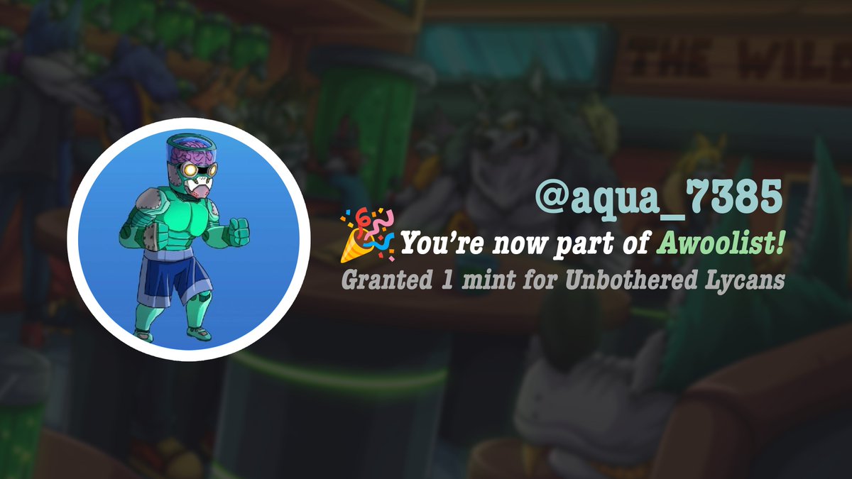 Congratulations <a href="/aqua_7385/">aqua#7385</a> 🎉

Your application to Awoolist has been accepted! We've assigned you the role on <a href="/UnbotherWolves/">Unbothered Wolves 🐺 MINTING NOW!</a> Discord (The Wilds). AWOOO! 🐺

#Cardano #NFT #CNFT #CNFTs #WolfPack