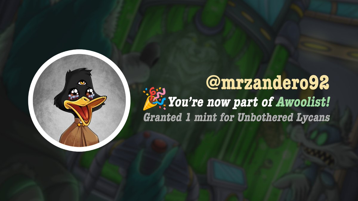 Congratulations <a href="/mrzandero92/">$mrzandero92</a> 🎉

Your application to Awoolist has been accepted! We've assigned you the role on <a href="/UnbotherWolves/">Unbothered Wolves 🐺 MINTING NOW!</a> Discord (The Wilds). AWOOO! 🐺

#Cardano #NFT #CNFT #CNFTs #WolfPack