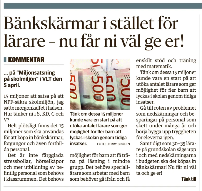 JohanssonSofi's tweet photo. @FMannerheim I Västerås drar man ner med 30 - 35 lärartjänster - sedan "satsar" man 15 miljoner på "NPF-säkring"  - skärmar, fotgungor och - häpp häpp - fortbildning av personal. Ska man skratta eller gråta? https://t.co/O2uv44ojb5