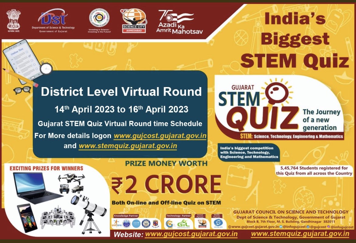 Big Prizes… Great learning… Let’s gear up… First round of SETM quiz for district #Bhavnagar would be on 14th April 2023 through virtual mode. ⁦@IndiaDST⁩ ⁦@dstGujarat⁩ ⁦@Collectorbhav⁩ ⁦@narottamsahoo⁩ ⁦@mahiti_bvn⁩ ⁦@ibhavngar⁩