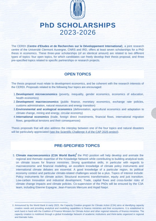 Grad_School_Hub's tweet image. "I am pleased to share this multiple PhD calls at CERDI, France. #phd #france #developmenteconomics #environmentaleconomics"