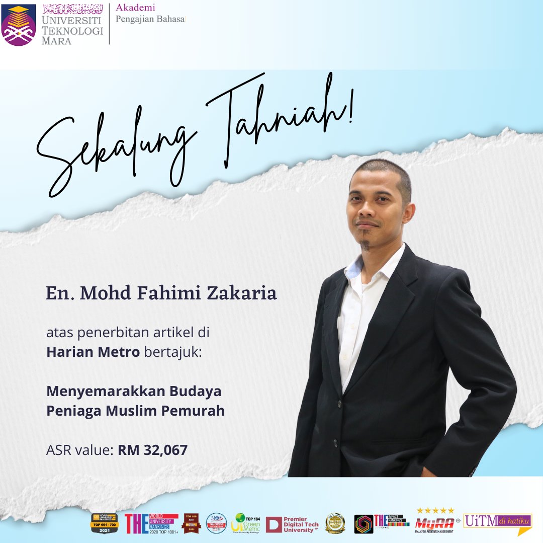 ARTIKEL KELUARAN HARIAN METRO

Tahniah USTAZ MOHD FAHIMI ZAKARIA atas penerbitan artikel bertajuk Menyemarakkan Budaya Peniaga Muslim Pemurah keluaran Harian Metro.

hmetro.com.my/addin/2023/04/…

ASR Value: MYR 32,067

⭐⭐⭐⭐⭐