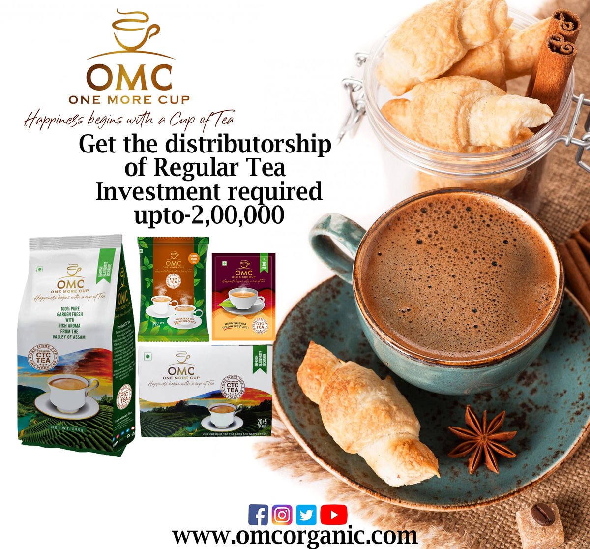 #distributor #lowinvestmentbusiness #badabusiness

#freedelivery #Contact #hurryup #One_More_Cup

#omc_organic

#premiumtea #regulartea #tea #Agra #kadakchai

#omc_organic #One_More_Cup

#distributorship_available #pan_india

#More_info : +91-7455012222