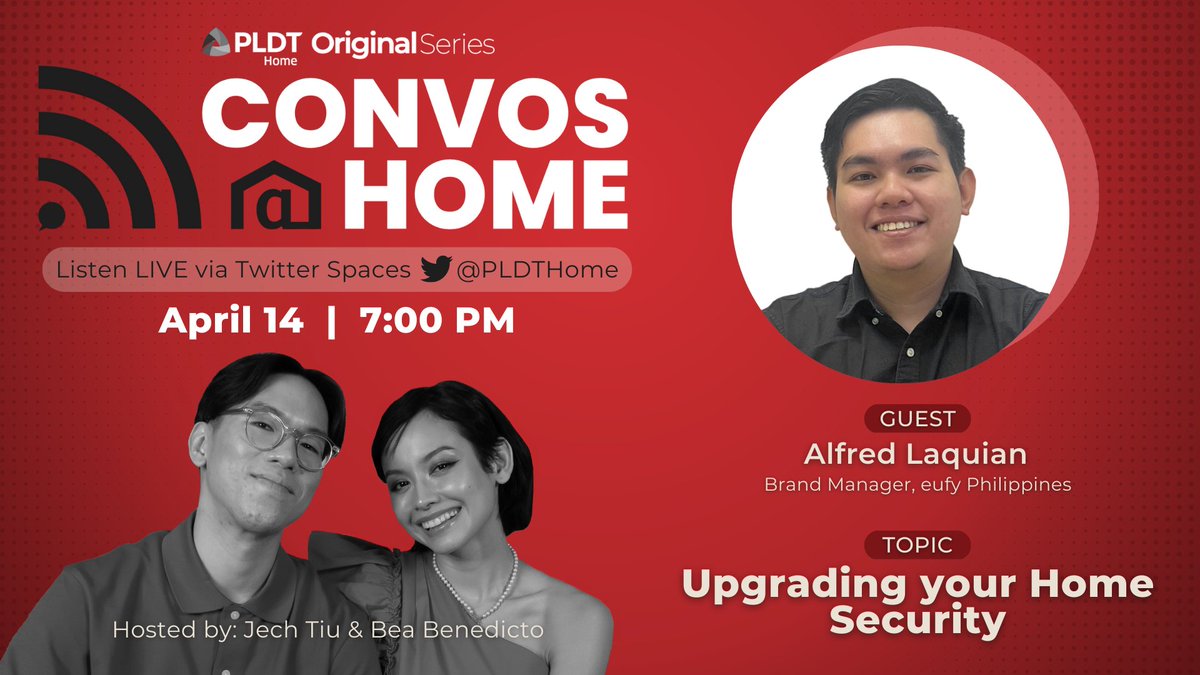 Looking to upgrade your home security? 🔑 We’ll discuss home security with @EufyOfficial Philippines’ brand manager, Alfred Laquian. Join @jechtiu and @bea_benedicto for this week's episode of #ConvosAtHomePLDTHome. SET a reminder or JOIN here: x.com/i/spaces/1gqxv…