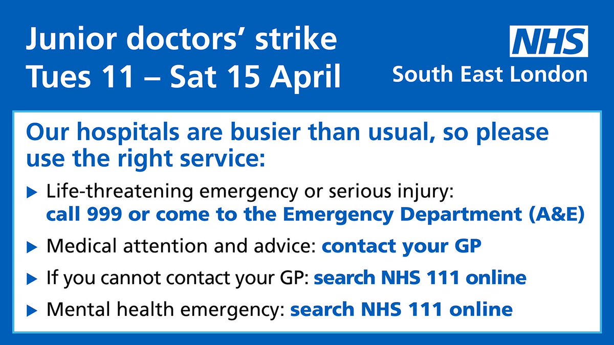 On strike days, please help us to help you. Use 999 for a life-threatening emergency or serious injury. If not, contact your GP or NHS 111 online: 111.nhs.uk