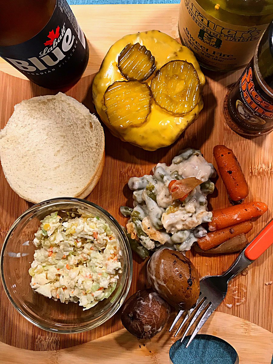KimTbone's tweet photo. Yeah it’s tasty Tuesday so here is a big thick Steak Dance cheeseburger topped with sweet fire pickles, green bean casserole, carrots, potatoes and fresh coleslaw and one of my favorite adult beverages. How’s that for tasty. Have a great day. #SteakDance https://t.co/ZJ6OASTW3R https://t.co/taEZSSMaK0