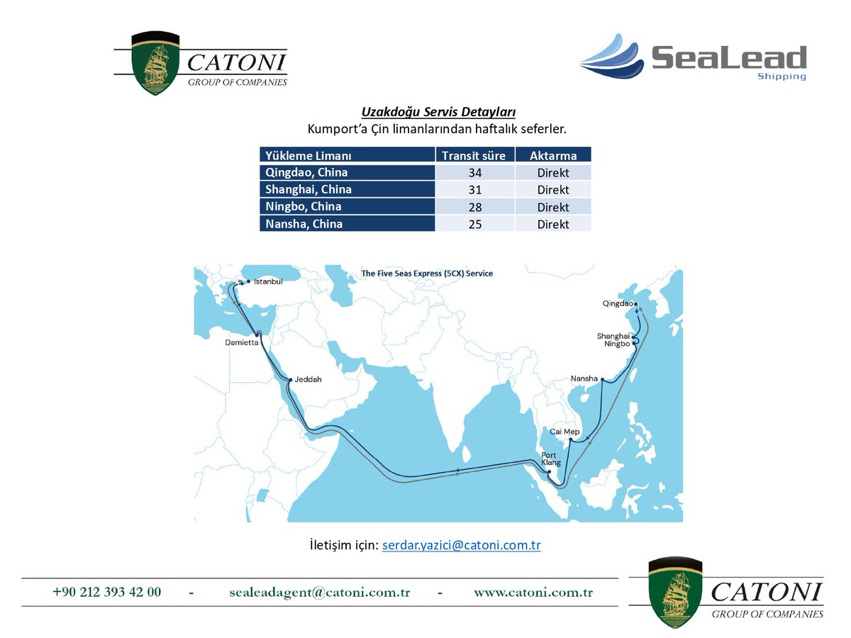CatoniGroup's tweet photo. Catoni - SeaLead / New Liner Service Anouncement
Acentalığımız altındaki yeni armatörümüz SeaLead ile Çin ve Türkiye arasındaki ticari rotalarda sizlere hizmet vermekten mutluluk duyarız.
-------------------
Catoni as agent of SeaLead is proud to announce the new container service for China and Turkey trade lanes.
SeaLead is launching a new liner direct and reliable regular sailings between key ports in China and Turkey “The Five Seas Express (5CX)”.
#sealead #catonigroup #containerline #containershipping #steamshipline #shippingline #liner #linershipping #containership #lineragency #maritime #transport #logistics #shipping #container #containershipment #containercarrier #FarEast #China #Turkey